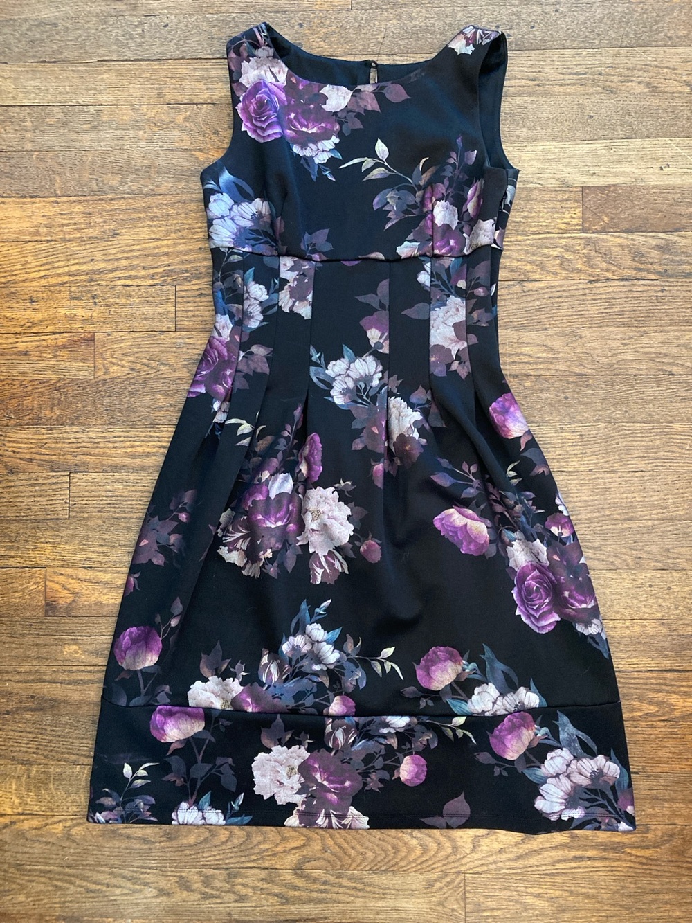 Enfocus Studio Black Midi Dress with Purple Floral Print